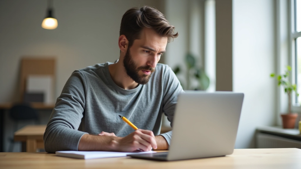 Žmogus sėdi prie stalo su nešiojamuoju kompiuteriu ir užrašų programėle ekrane